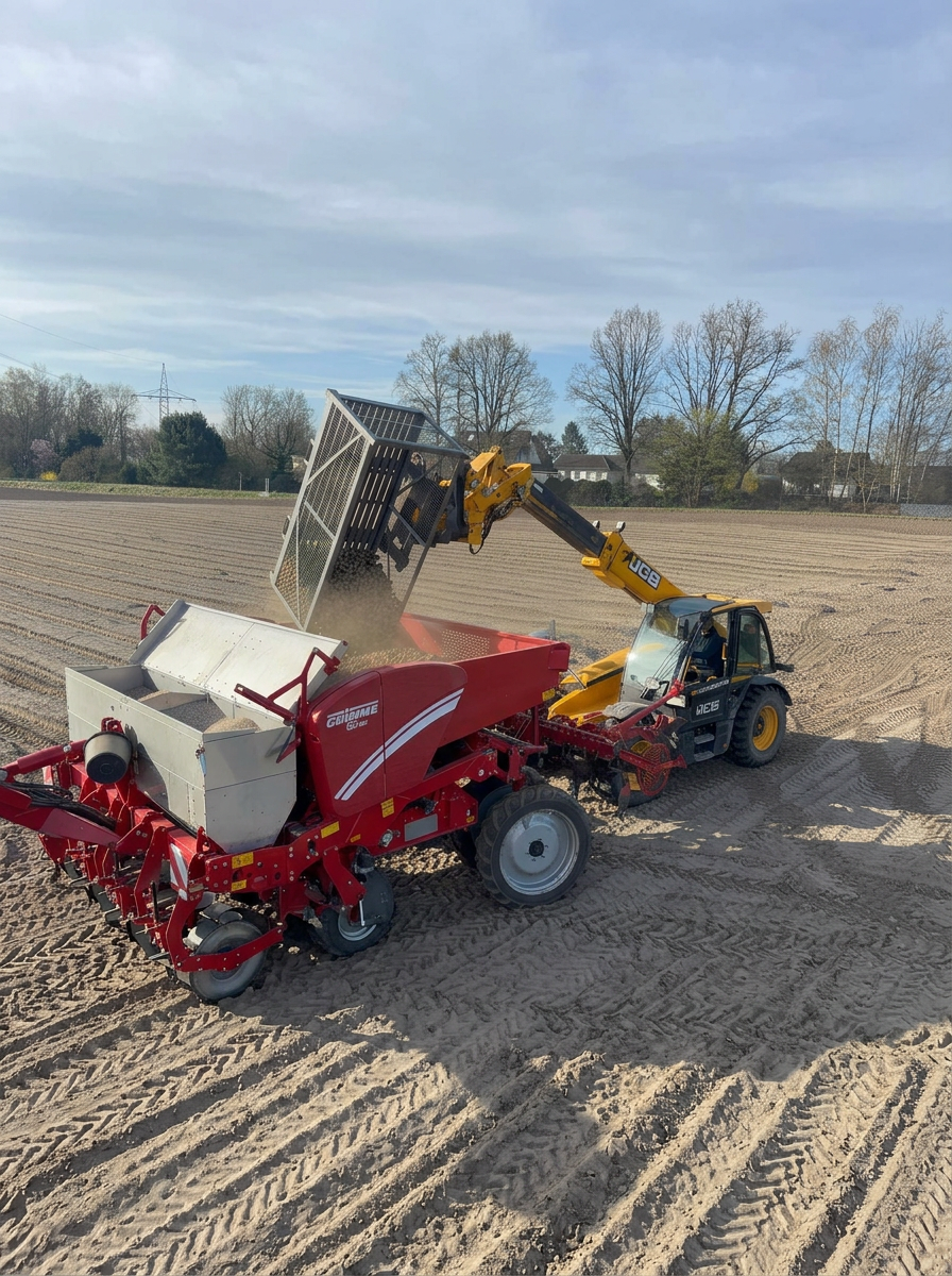 Kartoffellegen mit Grimme-Pflanzmaschine und JCB Teleskoplader auf dem Betrieb Knoop Luttern
